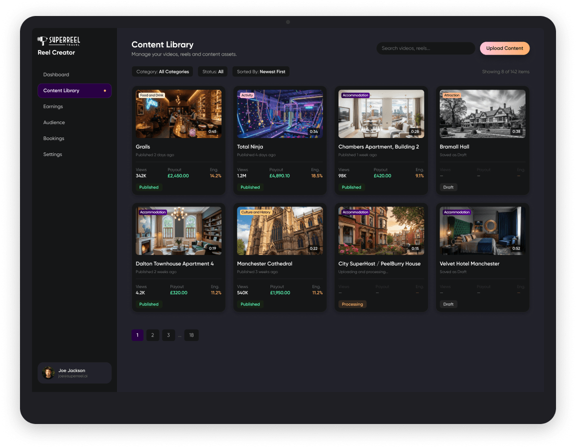 The Reel Creator content library, listing published and draft reels