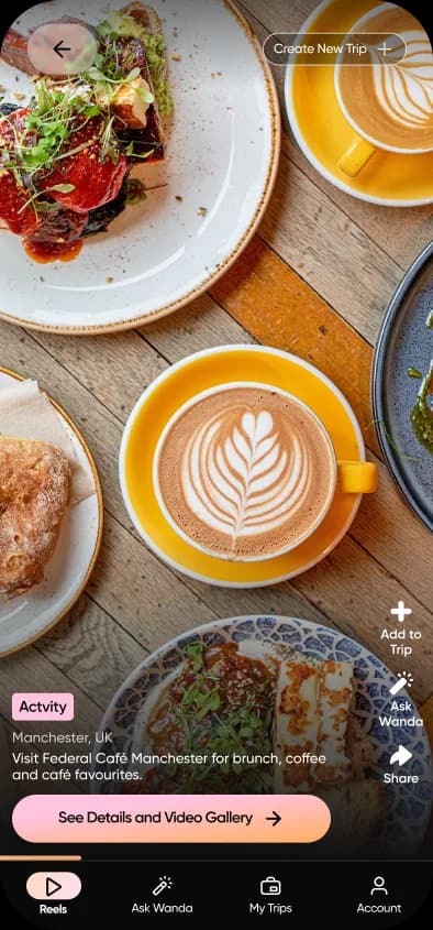 A reel of Federal Café Manchester in the Super Reel Travel app, tagged as an activity in Manchester