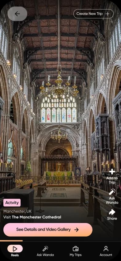 A reel of Manchester Cathedral in the Super Reel Travel app, tagged as an activity in Manchester