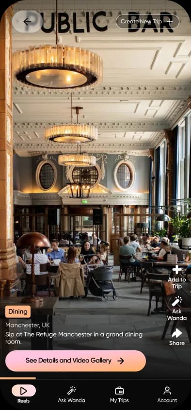 A reel of The Refuge Manchester in the Super Reel Travel app, tagged as dining in Manchester