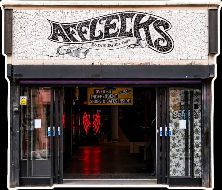 The mosaic shopfront of Afflecks in the Northern Quarter