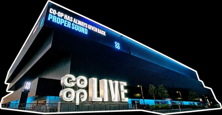 Co-op Live arena in Manchester, lit up at night